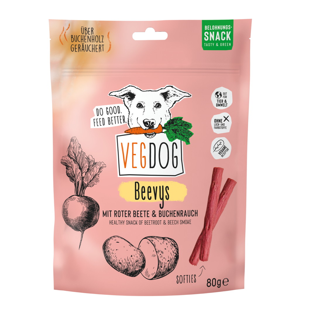 VEGDOG BEEVYS augaliniai skanėstai šunims su burokėliais ir buko dūmo aromatu (80 g.)