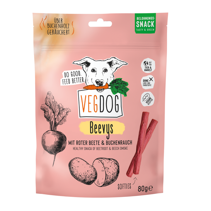 VEGDOG BEEVYS augaliniai skanėstai šunims su burokėliais ir buko dūmo aromatu (80 g.)