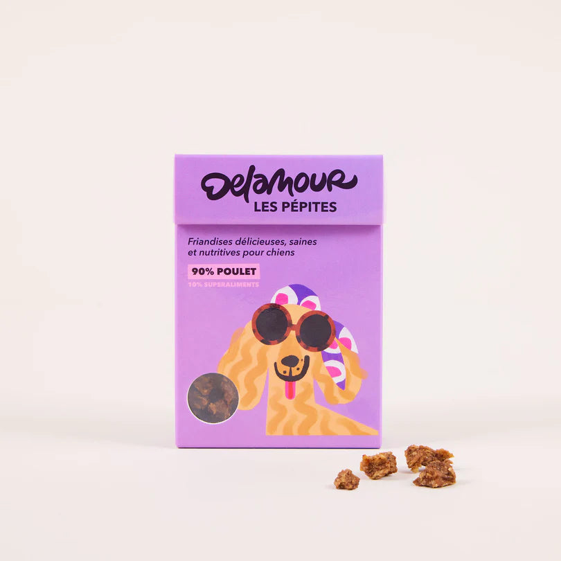 Delamour natūralūs skaniukai su vištiena, mėlynėmis ir spanguolėmis (75 g.)