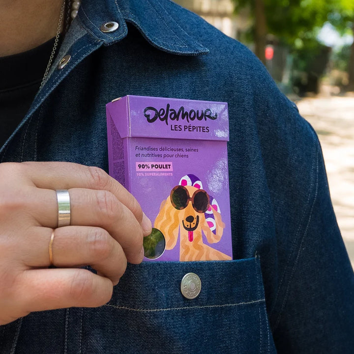 Delamour natūralūs skaniukai su vištiena, mėlynėmis ir spanguolėmis (75 g.)