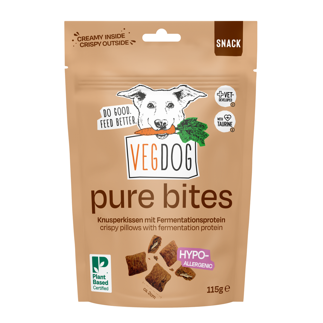VEGDOG PURE BITES augaliniai skanėstai šunims su fermentacijos baltymu (115 g.)