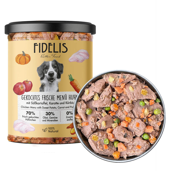 Fidelis virta šviežia vištiena su saldžiomis bulvėmis, morkomis ir moliūgais (400 g.)
