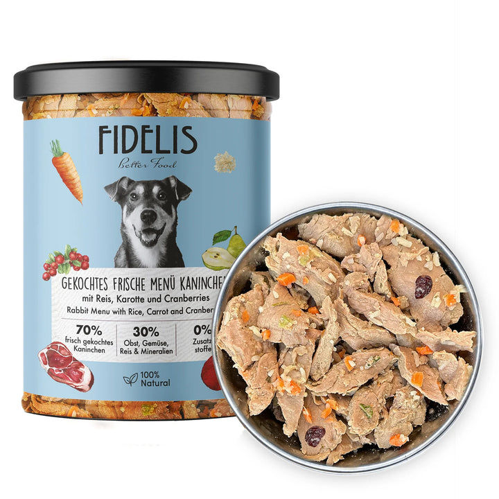 Fidelis virtas šviežias triušis su ryžiais, morkomis ir spanguolėmis (400 g.)