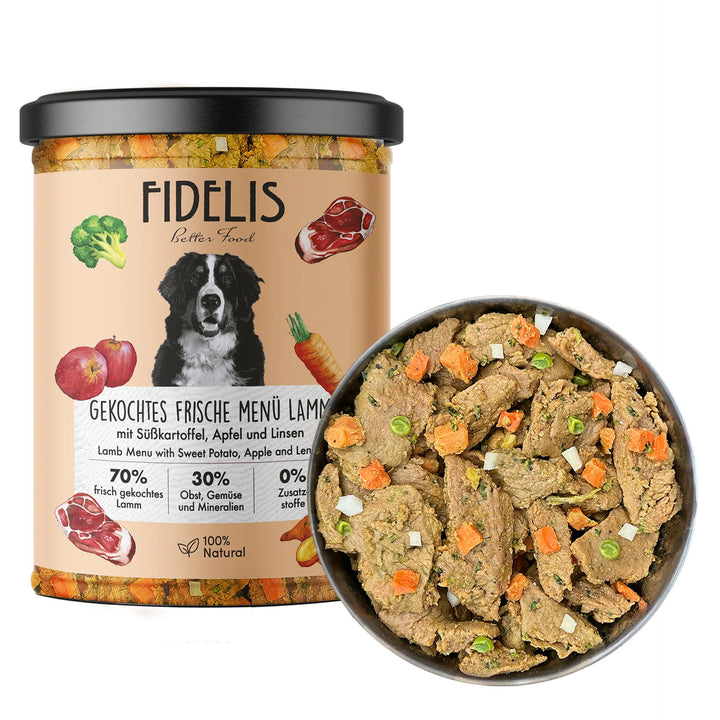Fidelis virta šviežia ėriena su saldžiomis bulvėmis, obuoliais ir lęšiais (400 g.)