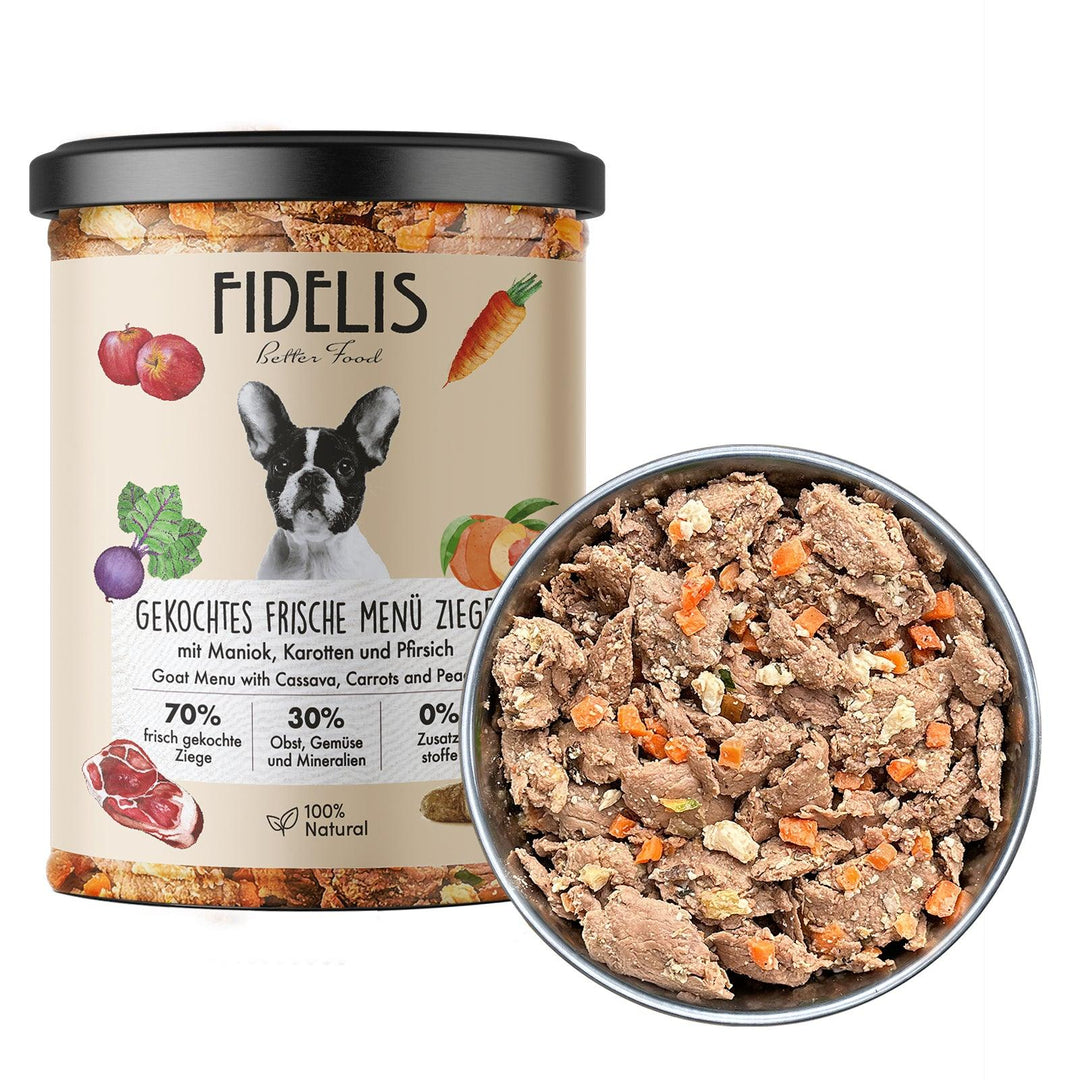 Fidelis su ožkiena su maniokais, morkomis ir persikais (400 g.)