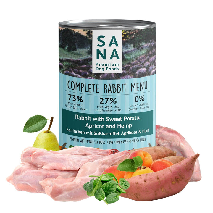 Sana Dog konservai su triušiena, saldžiosiomis bulvėmis, abrikosais ir kanapėmis (400 g.)